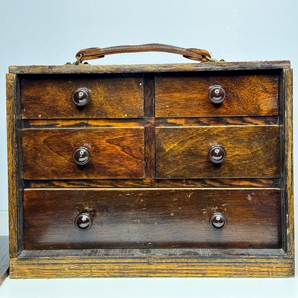 Antique Wooden Box of Drawers (4 Sm, 1 Lg) with secret door and lock - Picture 1 of 7